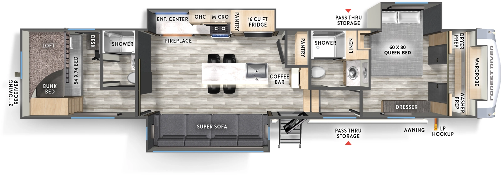 The Wildcat Fifth Wheels 35CRIB floorplan has one entry and three slide outs. Exterior features include: fiberglass exterior. Interiors features include: bunk beds, kitchen island, front bedroom and two full bathrooms.